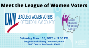 Image showing League of Women Voters logo and info on our meeting time and place