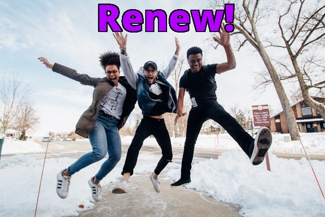 Three people jumping in the air with Renew above them