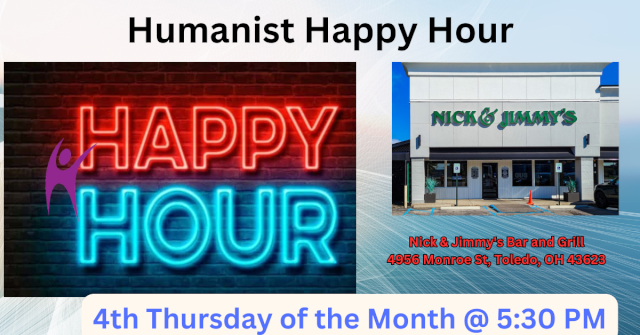 Image with the Happy Hour graphic and front of Nick and Jimmy's